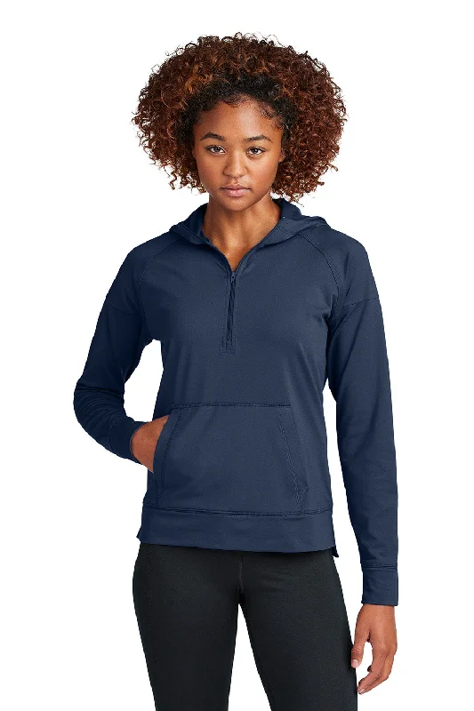 Sport-Tek Womens Sport-Wick Moisture Wicking 1/4 Zip Hooded Sweatshirt Hoodie w/ Pouch Pocket - True Navy Blue - New