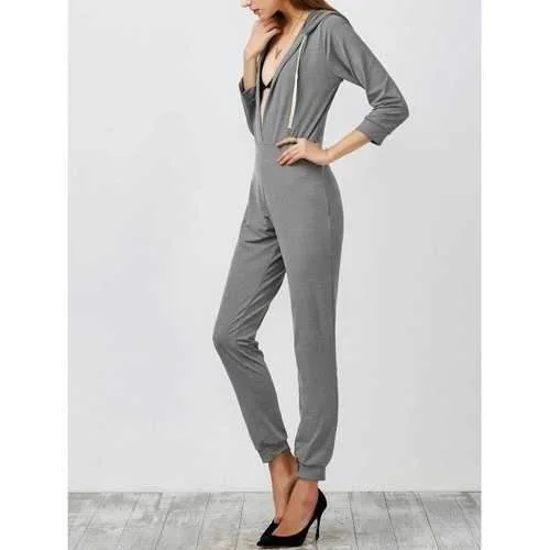 High Waist Hooded Jumpsuit - Gray M