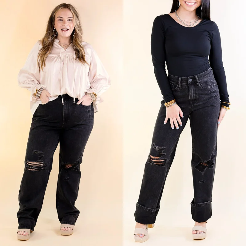 Judy Blue | Vintage Edge Rigid Magic 90's Straight Leg Jean with Destroyed Knee in Black