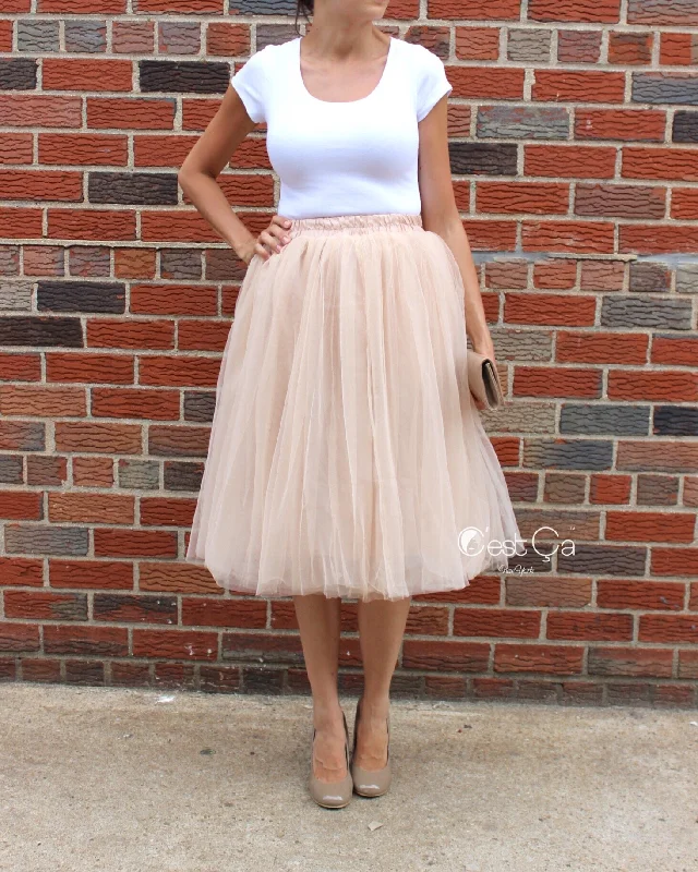 Claire Beige Soft Tulle Skirt - Below Knee Midi