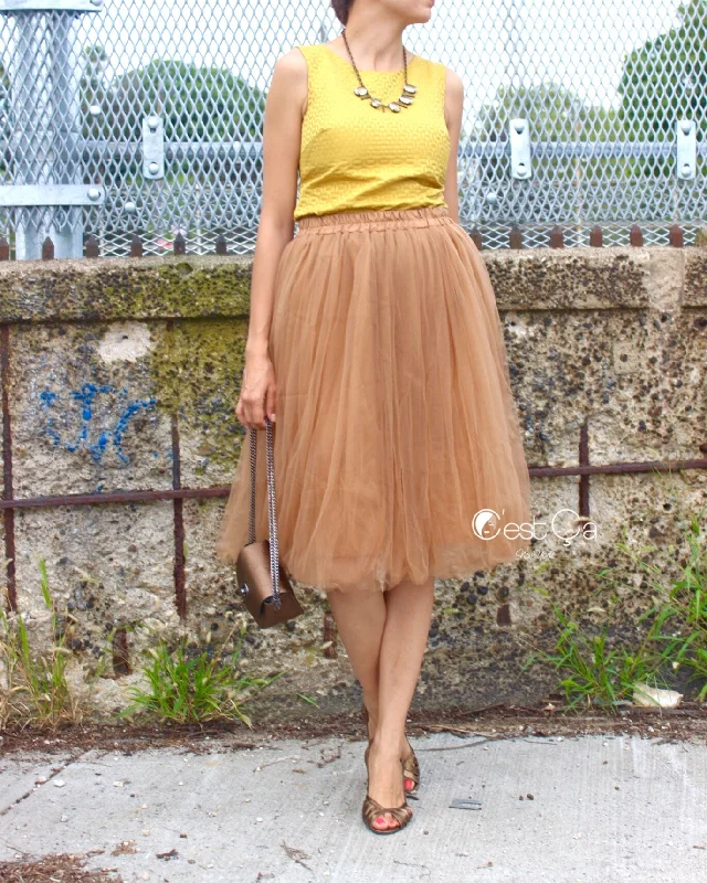 Claire Light Coffee Soft Tulle Skirt - Below Knee Midi