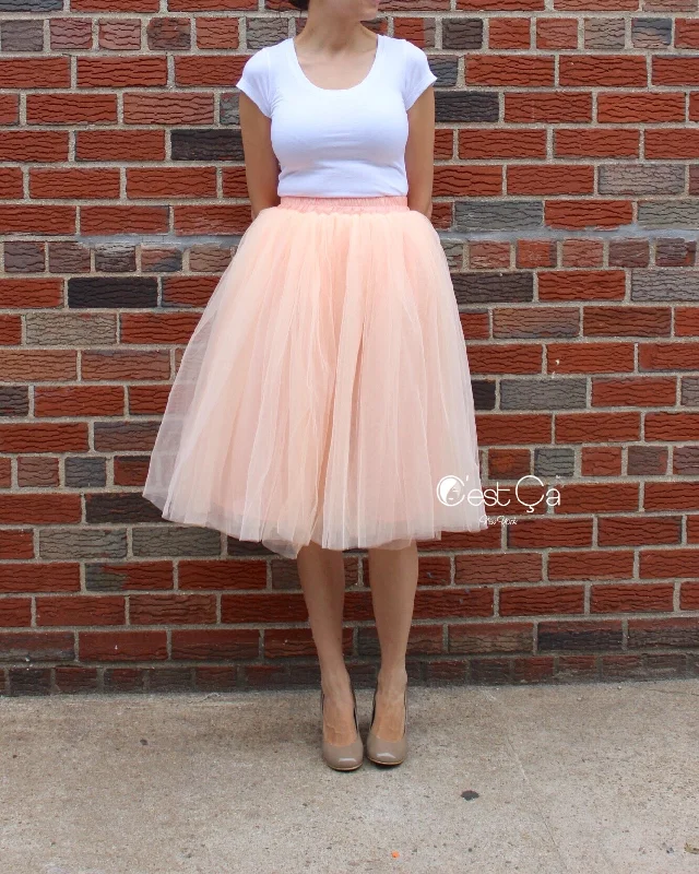 Claire Blush Peach Soft Tulle Skirt - Below Knee Midi