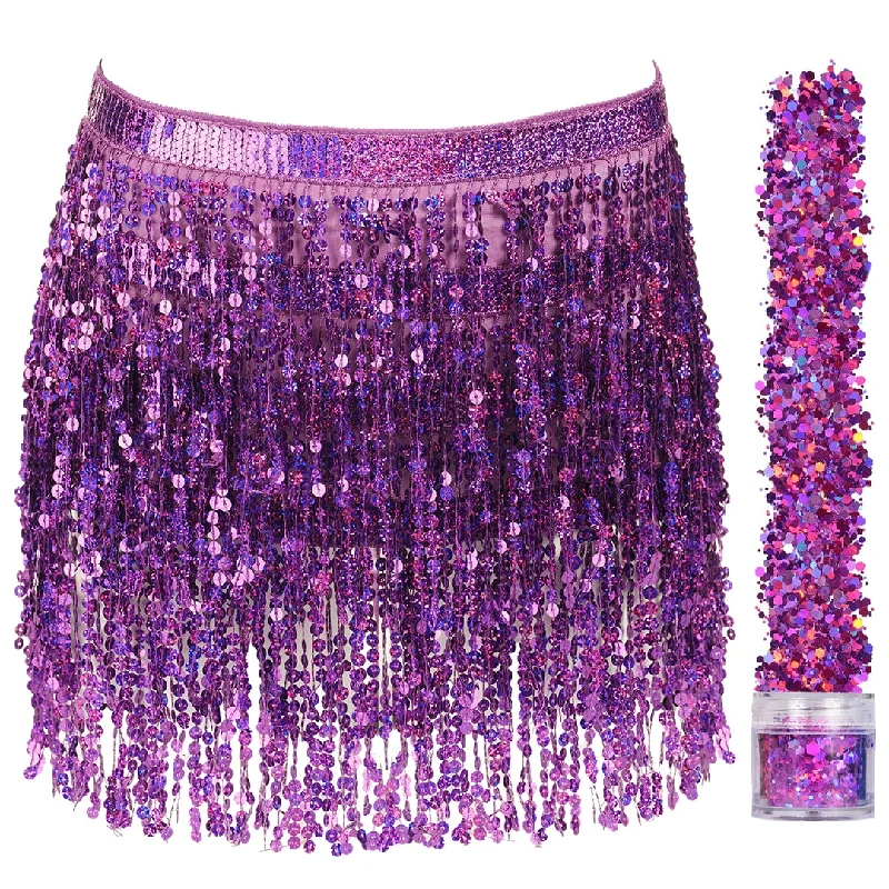 Sequin Fringe Mini Skirt - Sparkly Belly Dance Hip Scarf - Space Cowgirl Outfit - Holographic Tassel Skirts - Party Accessories - Music Festival Rave Clothes for Women ( Purple ) - FUNCREDIBLE