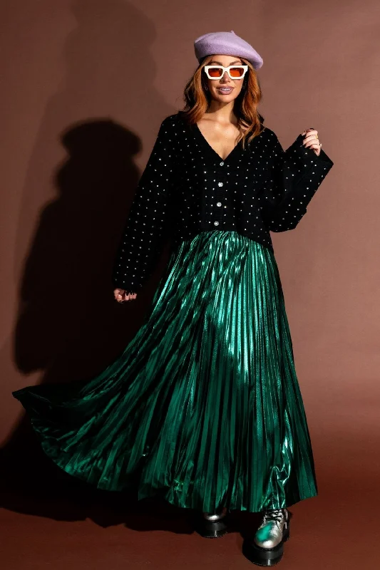 Metallic Pleated Midi Skirt in Emerald Green